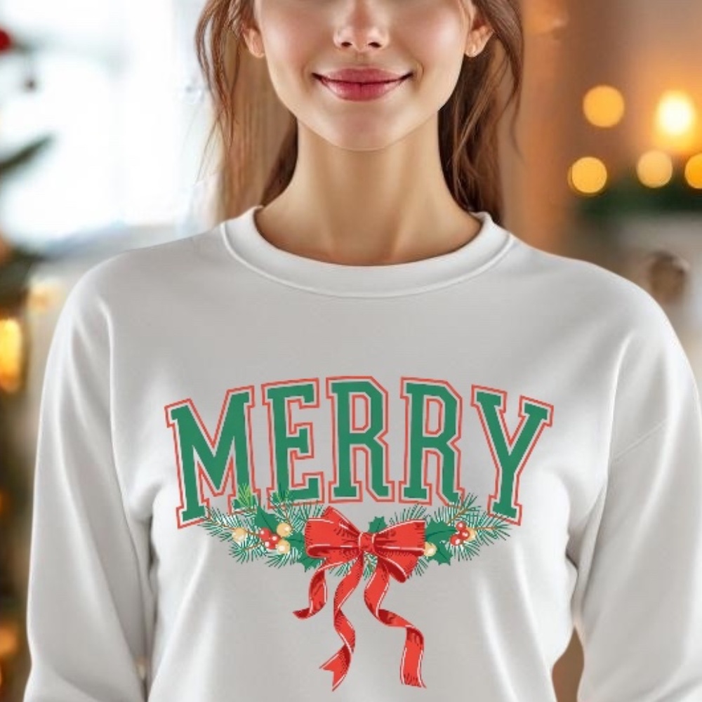 Merry Christmas Bow T-shirt White with Pink, Green S M L XL XXL Classic tshirt